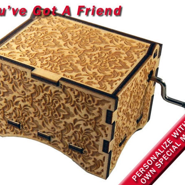 Damask Music Box, "You've Got a Friend" by Carole King, Laser Engraved Wood Hand Crank Music Box