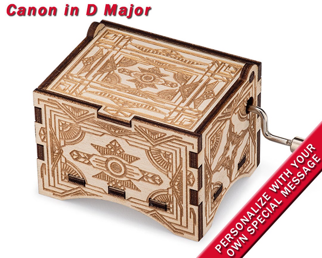 Vintage Music Box, canon in D Major, Laser Engraved Wood Hand Crank