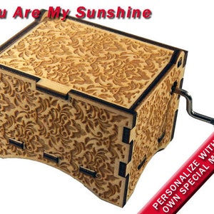 Damask Music Box, "You Are My Sunshine", Laser Engraved Wood Hand Crank Music Box