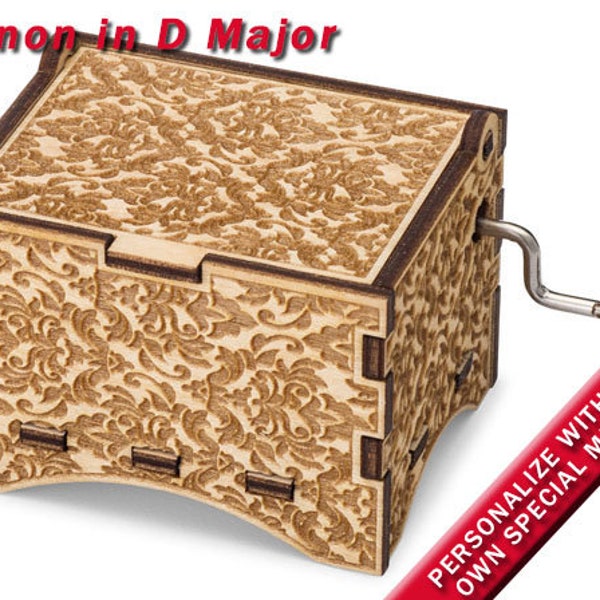 Damask Music Box, "Canon in D Major", Laser Engraved Wood Hand Crank Music Box