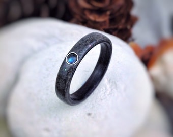 Ocean Empress - Labradorite, Fossilized Shark Tooth & Ebony Bent Wood Ring - Made to order - All US and UK Ring Sizes