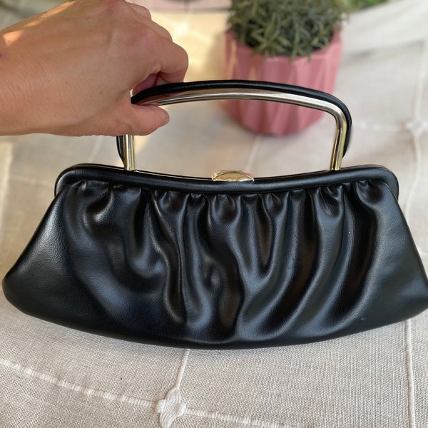 Vintage 1950s - 60s Black Leather Handbag Purse Clutch