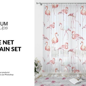 May include: White sheer curtains with a pink flamingo print. The curtains are hung on a white rod and are in a living room setting.