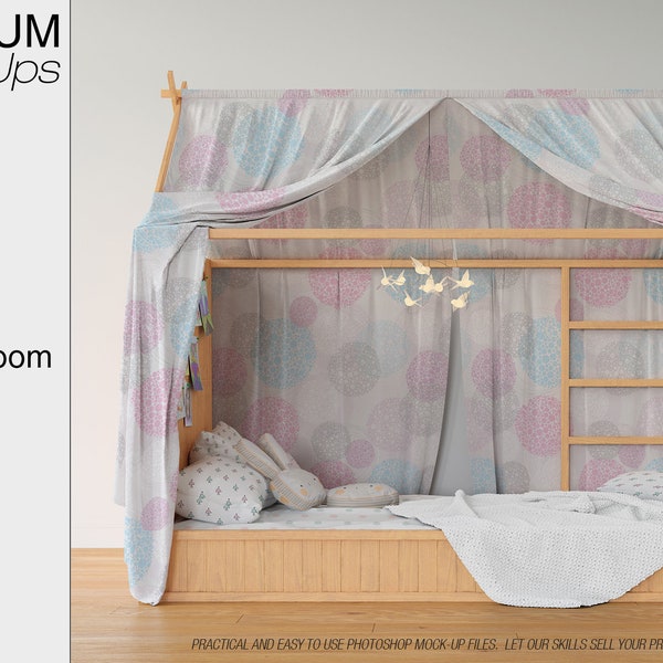 Lit pour enfants - Ensemble de masquine de literie (fr) Photoshop Kids Bedding Mockups ( Ensemble de literie pour enfants personnalisés (fr) Literies pour enfants Ikea Kura Bedroom Mockup - France