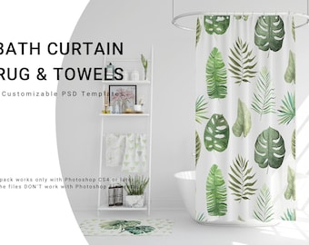 May include: A bathroom mockup featuring a white bathtub, a white shelf with towels and plants, and a shower curtain with a green tropical leaf pattern. The text "BATH CURTAIN RUG & TOWELS 8 Customizable PSD Templates." is visible at the top of the image. The text "This pack works only with Photoshop CS4 or later. The files DON'T work with Photoshop Elements." is visible at the bottom of the image.