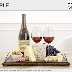 May include: A wooden serving tray with a bottle of red wine, two glasses of red wine, a variety of cheeses, grapes, and olives.