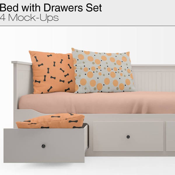 Bed with Drawers Mockup Set | Photoshop Bed with Drawers | Custom Bed with Drawers | Day-Bed with Drawers | Bedding