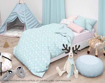 Kids Room & Bedding Mockup Set | Photoshop Kids Bedding Mockups | Custom Kids Bedding Set | Children Beddings | Wall and Frame Mockup |