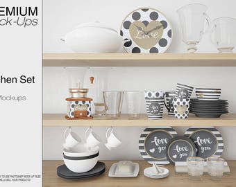 Download Free Kitchen Accessories Mockup | Kitchen Accessories | Kitchen Plates | Kitchen Clock | Mugs | Mug Mockup | Kitchen Mockup PSD Template
