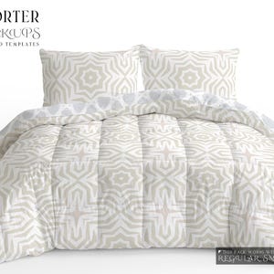 May include: Comforter and two pillow mockups with a geometric pattern in neutral tones. The comforter and pillows feature a repeating starburst design in white and beige. The text "COMFORTER PSD MOCKUPS" is at the top.
