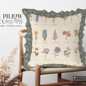 Puede incluir: Una almohada verde y blanca con un borde rizado y un patrón floral. La almohada está sentada en una silla de madera. La almohada tiene un fondo crema con una variedad de flores en diferentes colores, incluyendo rosa, amarillo, naranja y morado. Las flores están etiquetadas con sus nombres en texto negro.