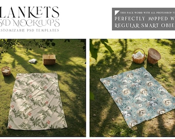 May include: Two picnic blankets on a grassy lawn. One blanket has a floral pattern with red flowers and green leaves. The other blanket has a blue background with a white floral pattern and small white dogs.