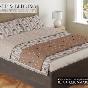 May include: A brown bed with a white and brown patterned duvet cover and a brown bed runner with a white star and crescent moon pattern. The bed is against a white wall with a window behind it. The text "BED RUNNER & BEDDING" and "4 CUSTOMIZABLE PSD MOCKUPS" is at the top of the image.