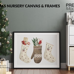 Maqueta de lienzo de marcos de guardería de Navidad / Maquetas de marcos de lienzo de pared de Navidad / Marco y lienzo de Photoshop / Marcos de Navidad / Maqueta de Navidad de guardería