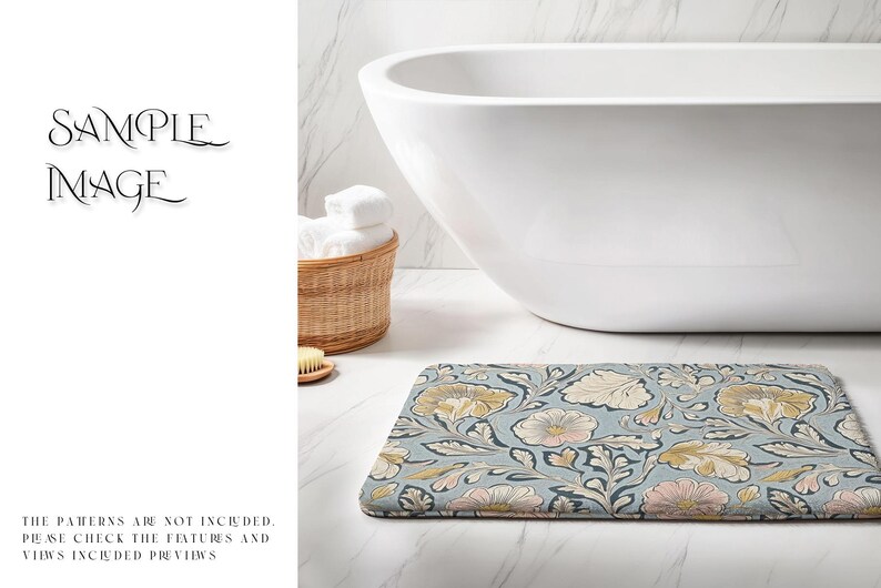 May include: A blue and white floral bath mat with a white bathtub in the background.