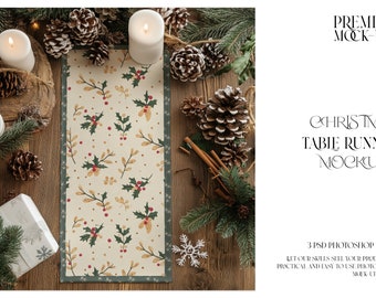 Christmas Table Runner Mockup | Digital Xmas Table Runner Template | Holiday Table Textile | Photoshop Table Runner | Kitchen Runner Mockup