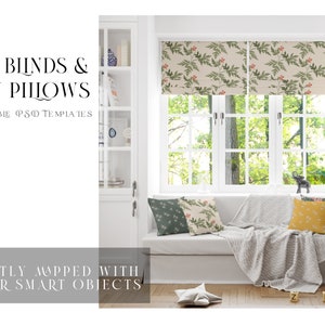 Roman Blinds and Pillows Mockup | Roman Blinds Template | Digital Roman Blinds and Throw Pillows | Photoshop  Roman Blinds and Pillows