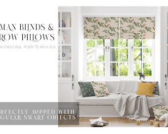 Roman Blinds and Pillows Mockup | Roman Blinds Template | Digital Roman Blinds and Throw Pillows | Photoshop  Roman Blinds and Pillows