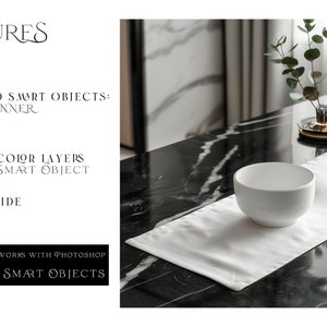 May include: White table runner with a white bowl on a black marble table. The text "STANDARD SMART OBJECTS: TABLE RUNNER" is visible in the image.