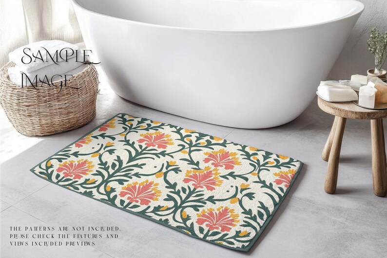 May include: A white bathroom rug with a floral pattern in shades of green, yellow, and pink. The rug has a cream background and features a repeating design of stylised flowers and leaves.
