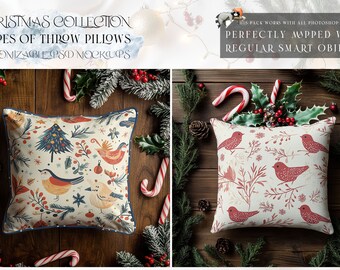 May include: Two Christmas throw pillow mockups with different designs. One pillow features a white background with a red bird, green branches, and snowflakes. The other pillow features a white background with a Christmas tree, birds, and other festive elements. Both pillows are on a wooden surface with greenery and candy canes.
