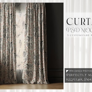 May include: Curtains PSD mockups with a repeating pattern of owls and foliage in gray, white, and red. The text "CURTAINS PSD MOCKUPS" is displayed on the right side of the image. The text "5 CUSTOMIZABLE PSD TEMPLATES" is also displayed.