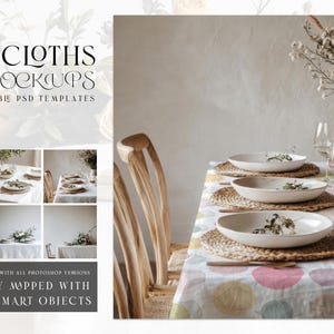Może przedstawiać: Zestaw sześciu konfigurowalnych szablonów Photoshopa do tworzenia makiet obrusów. Obraz przedstawia biały obrus w kolorowe kropki, nakryty białymi talerzami, miskami i szklankami. Stół jest nakryty rustykalnym drewnianym krzesłem i wazą z białymi kwiatami.