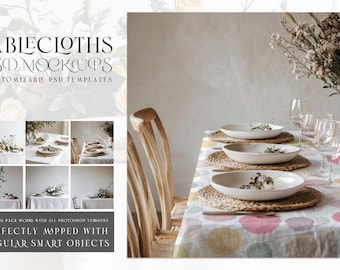 May include: A set of six customizable Photoshop templates for creating tablecloths mockups. The image shows a white tablecloth with a colorful polka dot pattern, set with white plates, bowls, and glasses. The table is set with a rustic wooden chair and a vase of white flowers.