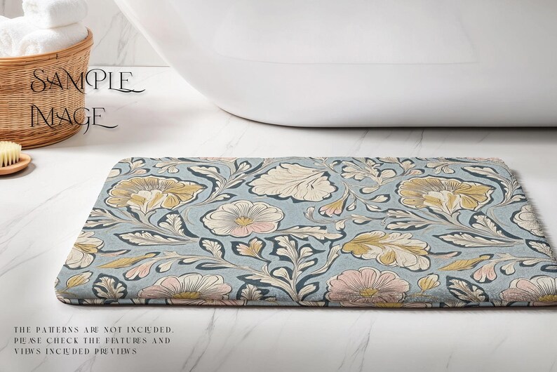 May include: A blue and white floral bath mat with a delicate pattern. The mat has a soft, textured surface and is ideal for adding a touch of elegance to any bathroom.