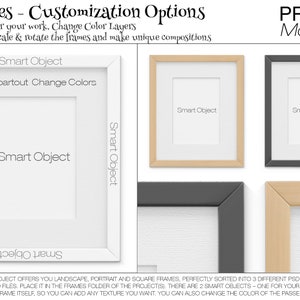 May include: A mockup of 90 customizable frames. The image shows three different frames: a white frame with a passe-partout, a light wood frame, and a dark gray frame. Each frame has a white background and the text "Smart Object" in the center.