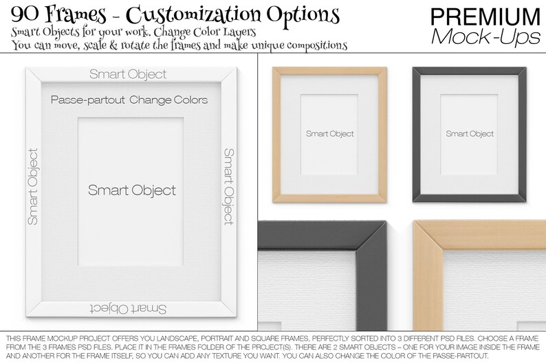 May include: A mockup of 90 customizable frames. The image shows three different frames: a white frame with a passe-partout, a light wood frame, and a dark gray frame. Each frame has a white background and the text "Smart Object" in the center.
