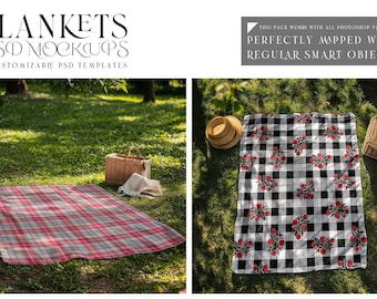 May include: Two picnic blankets on a grassy lawn. One blanket is red and white plaid, the other is black and white gingham with red floral accents. Both blankets are perfect for outdoor gatherings.
