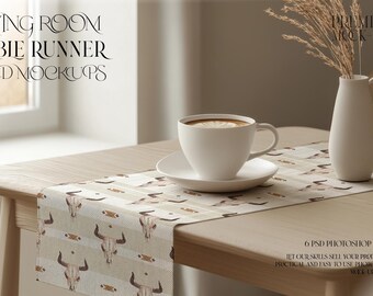 Table Runner Mockup | Table Runner Template | Digital Table Textile | Photoshop Table Runner |  Living Room Table Runner Mockup