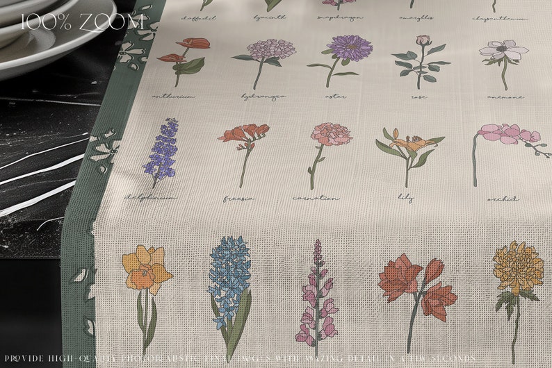 May include: A beige linen table runner with a green border features a floral design with the names of different flowers printed below each illustration. The flowers include daffodil, hyacinth, sweet pea, myrtle, anemone, delphinium, freesia, carnation, lily, orchid, narcissus, hydrangea, aster, rose, and more.