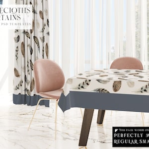 May include: A mockup of a dining room with a table and chairs. The table is covered with a white tablecloth with a brown and grey feather pattern. The chairs are pink with gold legs. The curtains are white with a brown and grey feather pattern. The text "PVC Tablecloths and Curtains 4 Customizable PSD Templates" is at the top of the image. The text "This pack works only with Photoshop Perfectly mapped with regular smart objects" is at the bottom of the image.