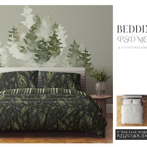 May include: A green and black patterned bedding set with a watercolour forest design on the wall behind it. The bedding set includes a duvet cover, two pillowcases, and a throw pillow. The bedding set is made of soft, comfortable fabric and is perfect for adding a touch of nature to your bedroom.