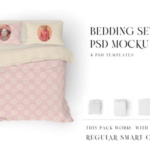 May include: A pink bedding set mockup with a striped duvet cover and two pillowcases. The pillowcases feature illustrations of a woman and a cat. The text "BEDDING SET PSD MOCKUP" and "4 PSD TEMPLATES" is displayed above the mockup. The text "THIS PACK WORKS WITH PHOTOSHOP REGULAR SMART OBJECTS" is displayed below the mockup.