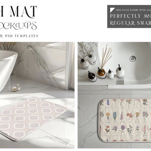 May include: Two bathroom mats, one with a geometric pattern and one with a floral pattern. The mats are placed in a bathroom setting with a bathtub and other bathroom accessories.