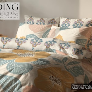 May include: Bedding set with a floral pattern in shades of yellow, blue, and pink. The bedding includes a duvet cover and pillowcases. The image also shows a small side table and a potted plant. The text on the image says "BEDDING PSD MOCKUPS".