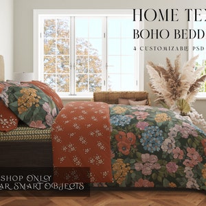 Pode incluir: Conjunto de roupa de cama boho com estampas florais em tons de verde, laranja e rosa. A imagem mostra uma cama com cabeceira, travesseiros e capa de edredom. O texto na imagem diz "Home Textile Boho Bedding Set" e "Photoshop Only Regular Smart Objects."