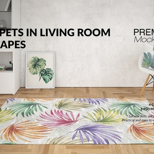 May include: A living room scene featuring a colorful rug with a tropical leaf design in shades of pink, orange, green, and purple. The text "CARPETS IN LIVING ROOM 4 SHAPES" is displayed. A white chair with a leaf-patterned pillow and a framed botanical print are also visible.