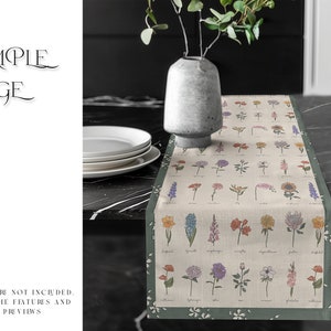 May include: A beige table runner with a green border features a floral pattern with various flowers and leaves. The runner is on a black table with white plates stacked on the side.