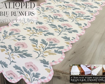 May include: Scalloped table runner with a pink and green floral pattern and a pink and white gingham trim.  This pack works with Photoshop regular smart objects.  4 PSD mockups.