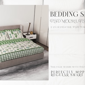 May include: A green and white bedding set with a floral pattern. The bedding is on a bed with a gray headboard and a white nightstand. The text on the image reads "Bedding Set PSD Mockups 3 Customizable PSD Templates This Pack Works With Photoshop Perfectly Mapped With Regular Smart Objects".