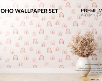 May include: A white wall with a repeating pattern of pink and peach watercolor rainbows. A vase with dried flowers sits on a wooden floor in front of the wall. The text "BOHO WALLPAPER SET" and "PREMIUM Mock-Ups" is at the top of the image. The text "3 PSD Photoshop Files" is at the bottom of the image.