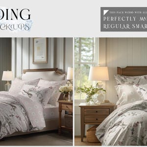 May include: Two beds with white bedding and floral patterned duvet covers. The beds have wooden headboards and nightstands with lamps. The text "take time" is visible in a framed picture on the wall.