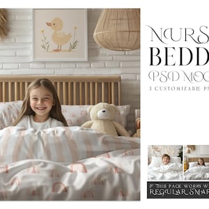 Może przedstawiać: Makieta zestawu pościeli do pokoju dziecięcego z białą i różową, paskowaną poszewką na kołdrę i białą poszewką na poduszkę z różowym wzorem tęczy. Pościel znajduje się na drewnianym stelażu łóżka, na którym siedzi dziewczynka. Obraz zawiera tekst "NURSERY BEDDING PSD MOCKUPS 3 CUSTOMIZABLE PSD TEMPLATES THIS PACK WORKS WITH PHOTOSHOP REGULAR SMART OBJECTS".