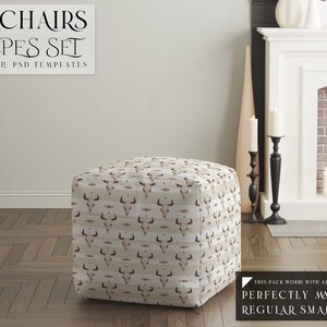 May include: A square pouf chair with a beige fabric cover featuring a repeating pattern of brown and white animal skulls. The pouf is sitting on a wooden floor in a room with a fireplace and a wooden cabinet.
