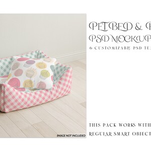 May include: A pink and green gingham pet bed with a white pillow featuring a cupcake pattern. The bed is on a light wood floor.  Pet Bed & Pillow PSD Mockups. 6 Customizable PSD Templates. This pack works with Photoshop. Regular Smart Objects Available.