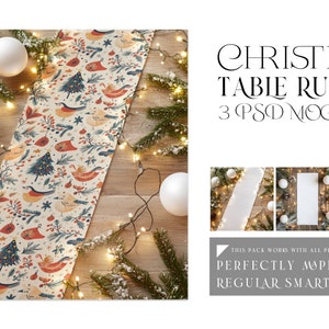 May include: A Christmas table runner with a festive bird and tree pattern in red, blue, and orange on a cream background. The scene includes Christmas tree branches, white ornaments, and string lights. Text reads "CHRISTMAS TABLE RUNNER".